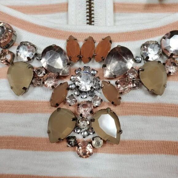 J Crew Embellished Striped Top Tan Ivory 3/4 Sleeve Women Size S Cotton - Picture 3 of 10